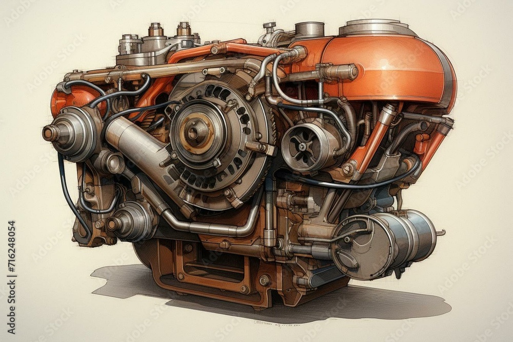 Fototapeta premium Rendering of a marine engine used for boats and ships. Generative AI