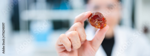 Tableau sur toile A Smart female geologist or archaeologist is holding a sample of tree sap or mineral in paleontology, archaeological and geological or mining laboratory