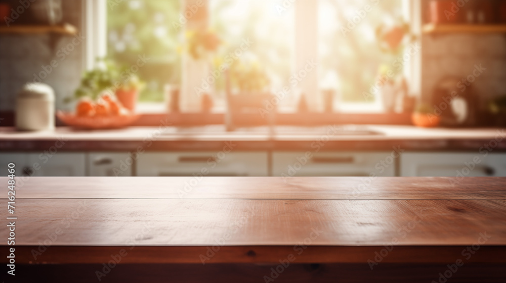 Empty old wooden table with kitchen in background Empty old wooden table with kitchen in background