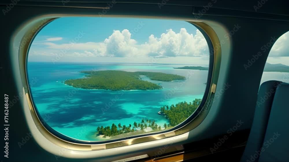 Peer through the private jet window and be mesmerized by the stunning sights of remote islands, a reminder of the endless possibilities of luxury travel. Peer through the private jet window and be mesmerized by the stunning sights of remote islands, a reminder of the endless possibilities of luxury travel.