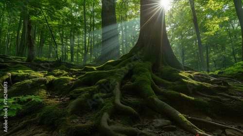 big tree roots and sunbeam in a green forest © buraratn