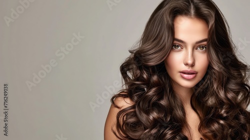 Brunette girl with long and shiny curly hair . Beautiful model woman with wavy hairstyle