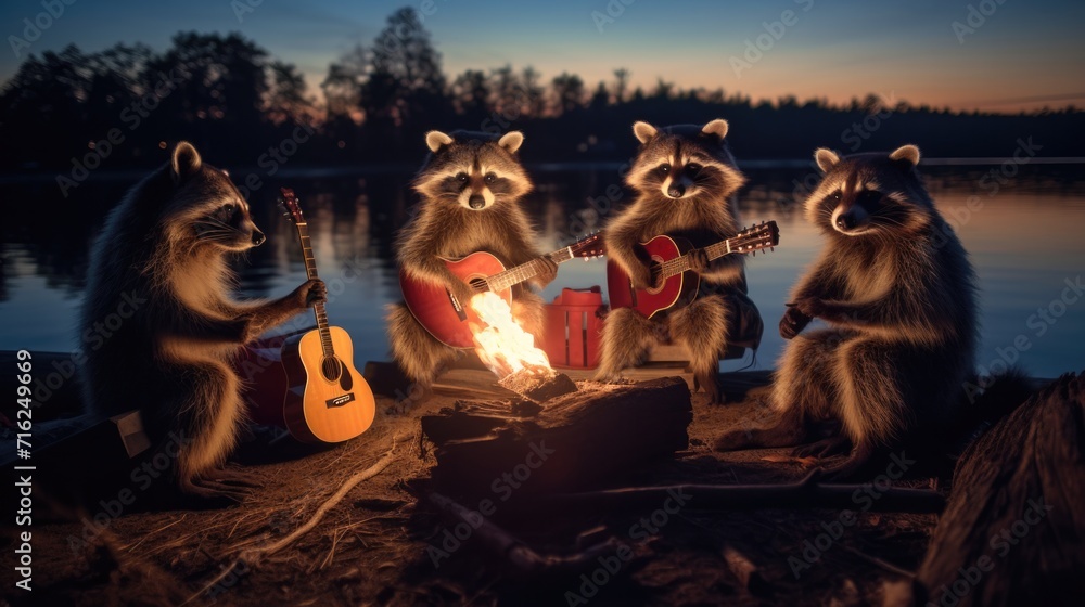 Three raccoons playing guitar by a campfire. Generative AI. - obrazy, fototapety, plakaty 