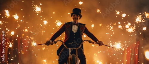 A man riding a bicycle in circus. Generative AI. photo