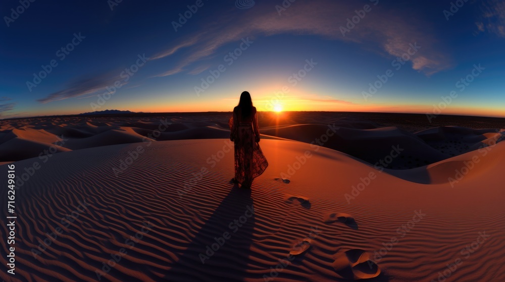 A woman standing in the desert at sunset. Generative AI.