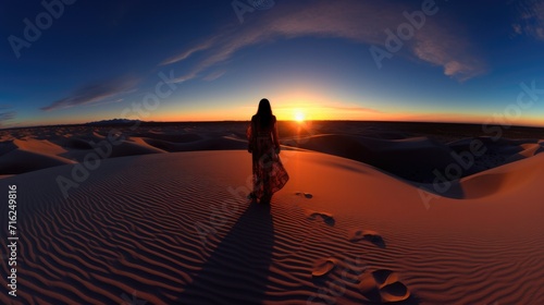 A woman standing in the desert at sunset. Generative AI.