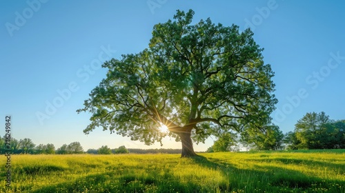 The sun shining through a majestic green oak tree on a meadow  with clear blue sky in the background  panorama format