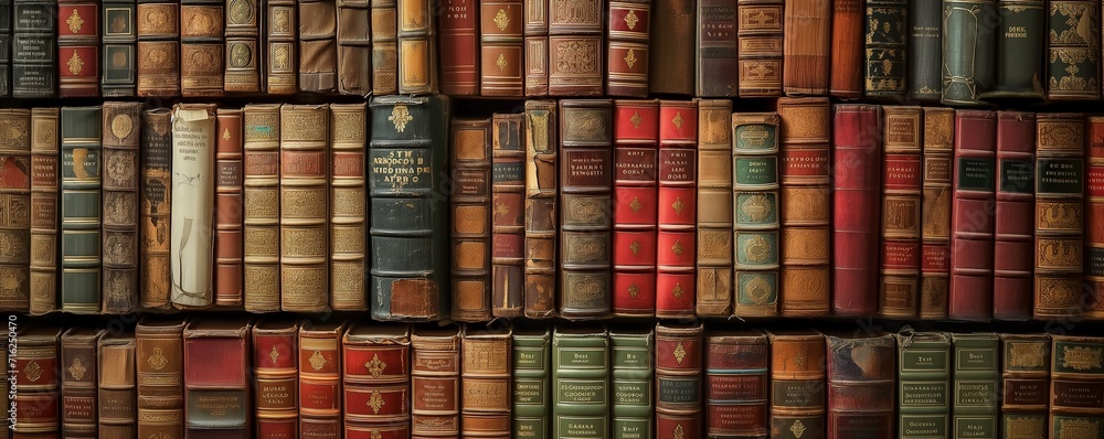A wall full of Old Ancient Books of a library - obrazy, fototapety, plakaty 