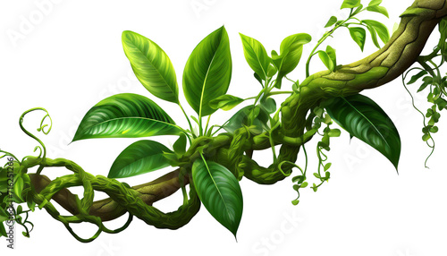 Fototapeta Naklejka Na Ścianę i Meble -  Realistic twisted jungle branch with plant growing isolated on a white background