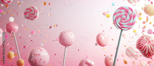 A playful and colourful assortment of candies and lollipops on a pastel background creates a frame for a message. photo