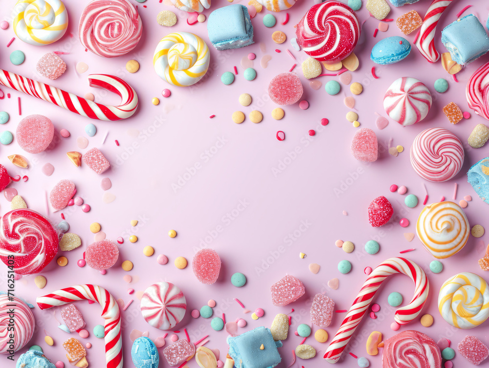 A playful and colourful assortment of candies and lollipops on a pastel background creates a frame for a message. A playful and colourful assortment of candies and lollipops on a pastel background creates a frame for a message.