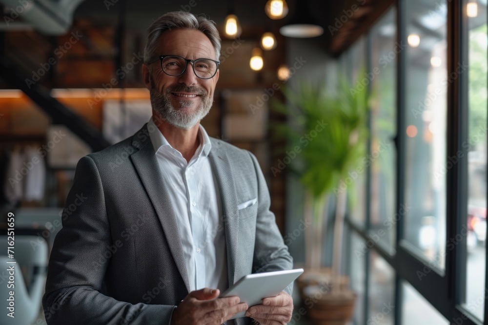 Happy middle aged business man ceo wearing suit standing in office using digital tablet. Happy middle aged business man ceo wearing suit standing in office using digital tablet.