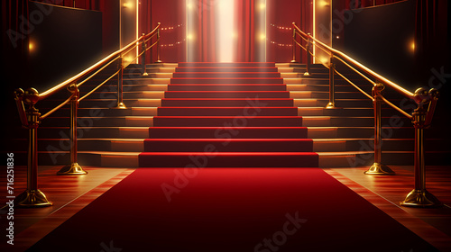 Red carpet staircase with smoke and spotlights, holiday awards ceremony event