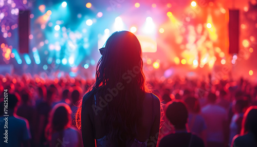 Back view of a big group of people at a music festival in the summer, enjoying the lively atmosphere of the disco club party with a DJ. Fun and energetic youth entertainment.