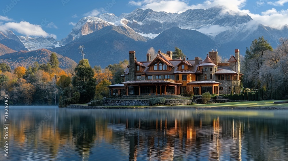Wide shot of Victorian-style home on lake with mountains in background, AI-generative 