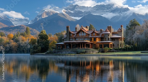 Wide shot of Victorian-style home on lake with mountains in background, AI-generative 