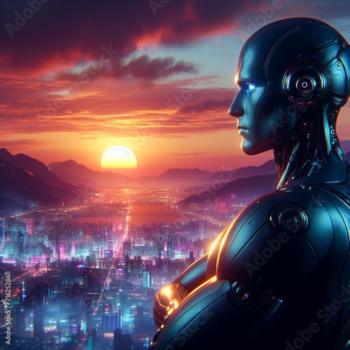 robots mirando la ciudad del futuro