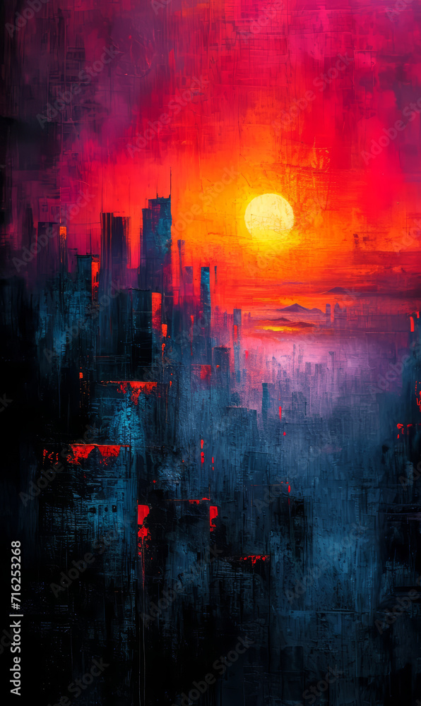 City Embraced by Fiery Sunset, Nature's Abstract Dance of Flames and Lights Under the Night Sky