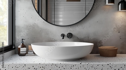 A white ceramic sink container sits on a granite countertop. Wall mirrors and pendant lights hang from the terrazzo walls.