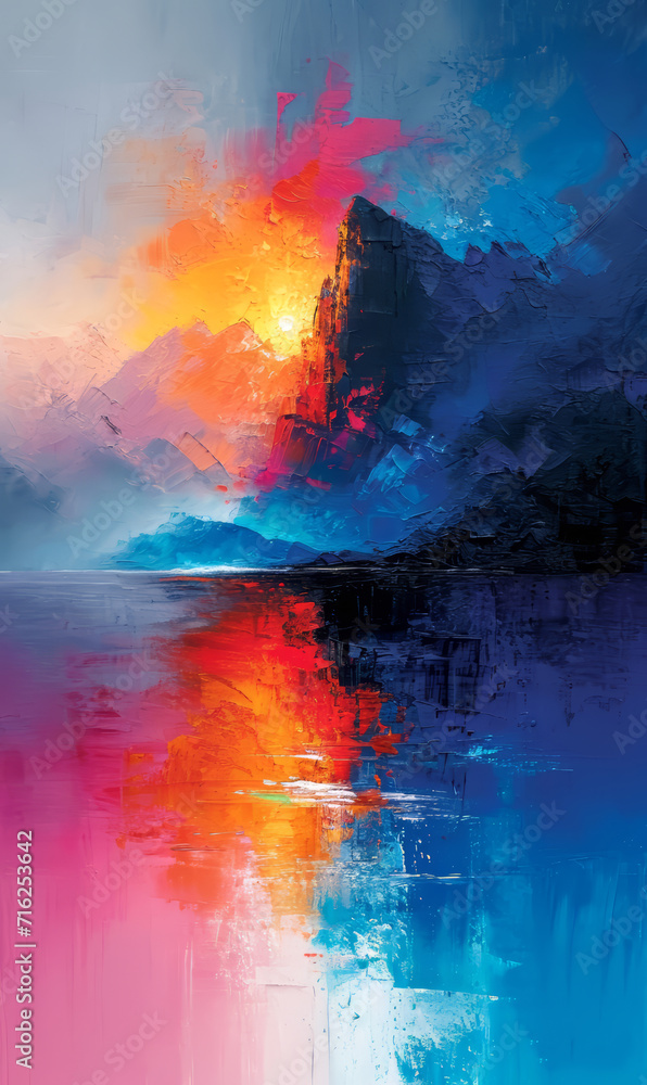 Abstract oil painting on canvas. Colorful sunset over the sea.