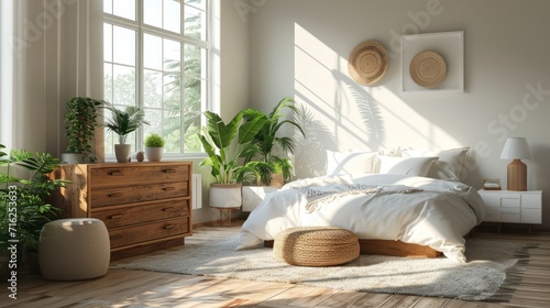 A wooden chest of drawers beside the window a white bedside table near the wooden bed and a minimalist interior design of a modern bedroom in a bohemian style