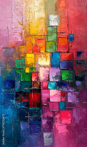 Abstract background: multicolored squares on a textured canvas. © Narin