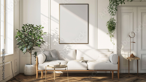 Mockup frame in interior background  room in light pastel colors . Ai Generative