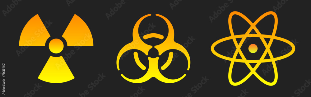 Hazard or Toxic Logo Set. Symbolic Hazard Design - A Bold Logo Depicting Different Types of Potential Risks. Hazard or Toxic logo icon. Dark Yellow Gradient Version Hazard or Toxic Logo Set. Symbolic Hazard Design - A Bold Logo Depicting Different Types of Potential Risks. Hazard or Toxic logo icon. Dark Yellow Gradient Version