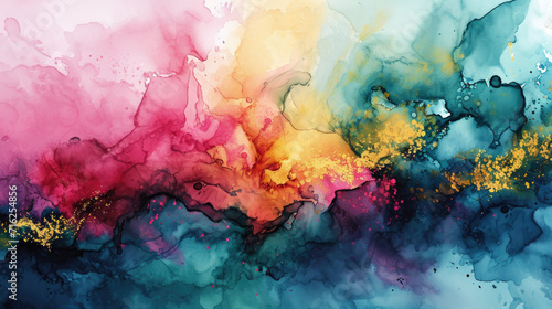Abstract watercolor background with a mix of bright pink, electric blue and neon green