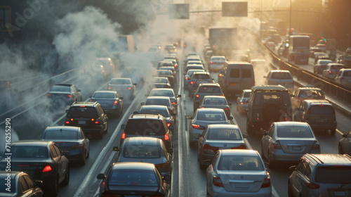 Heavy traffic on a big-city freeway polluting the environment contributing to global warming