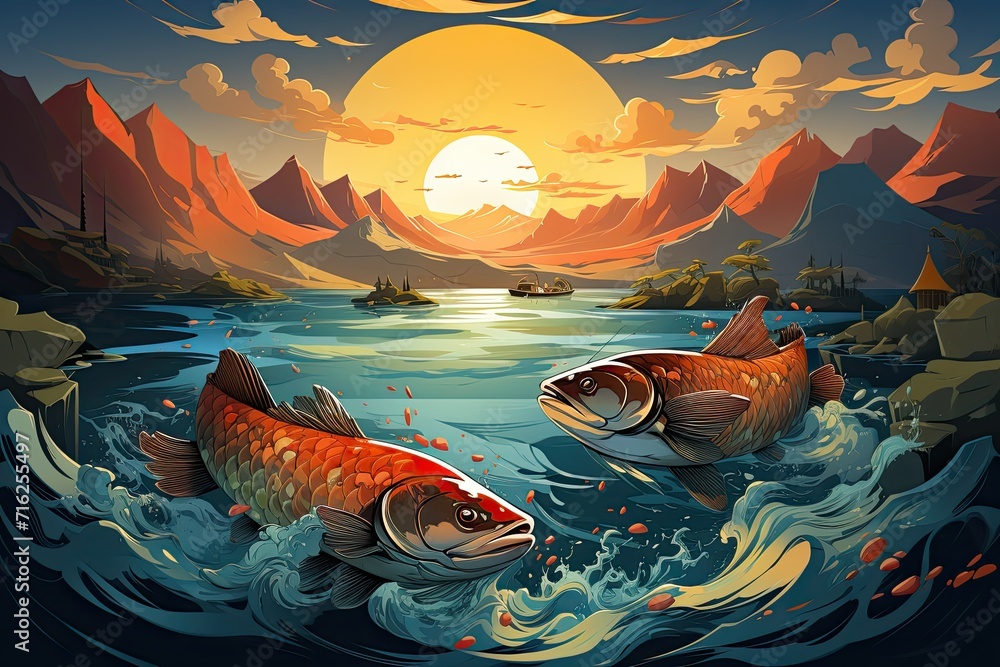Illustration of beautiful fish on the background of nature and sunset, Generative AI