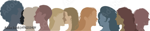 Silhouette of a group of multiethnic people. Racial equality in a multicultural society. Anti-racism concept. Profile silhouettes of different people