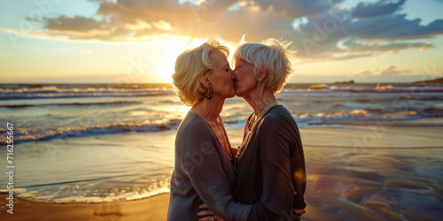 Two senior women in love kiss each other on beach shore. Romantic moment. Diversity sexual equality, LGBTQ pride, marriage equality and same-sex lesbian relashipship vacation time concept photo