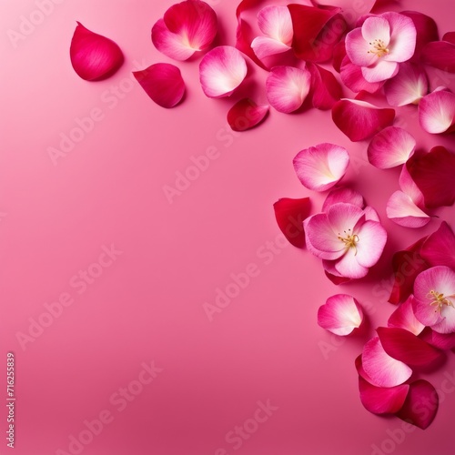 Flying pink rose petals against a pink background