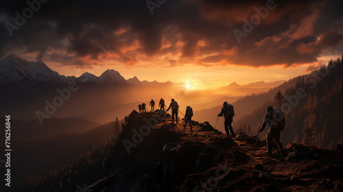 A serene dawn breaks over a group of hikers trekking along a mountain ridge  with snow-capped peaks in the background. 