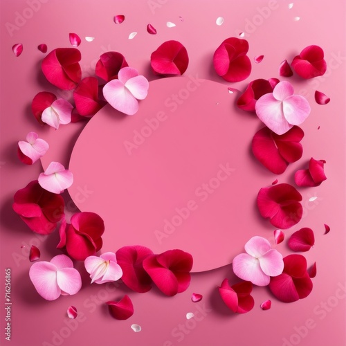 Flying pink rose petals against a pink background