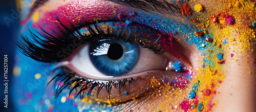 Close-up of a colorful rainbow woman eye isolated on panoramic white background with copy-space, colors vision, gay LGBTQ pride concept header and web. Copy Space Eye Photography photo