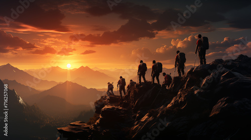 A line of hikers equipped with backpacks on a rugged trail as the sun sets behind mountain peaks. 