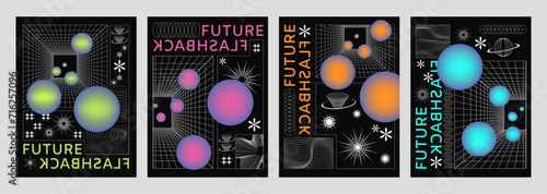 Y2k poster design with abstract perspective grid surface and gradient colored sphere. Vector set of retro 2000s aesthetic style banners and covers with geometry wireframe techno element and typography