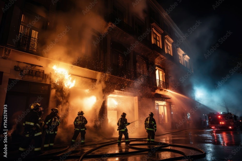 A photo fireman wearing a professional uniform extinguishing a burning house, Firefighters extinguishing a fire in a building at night, Ai generated
