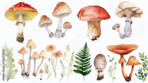 Watercolor illustration featuring various varieties of mushrooms.