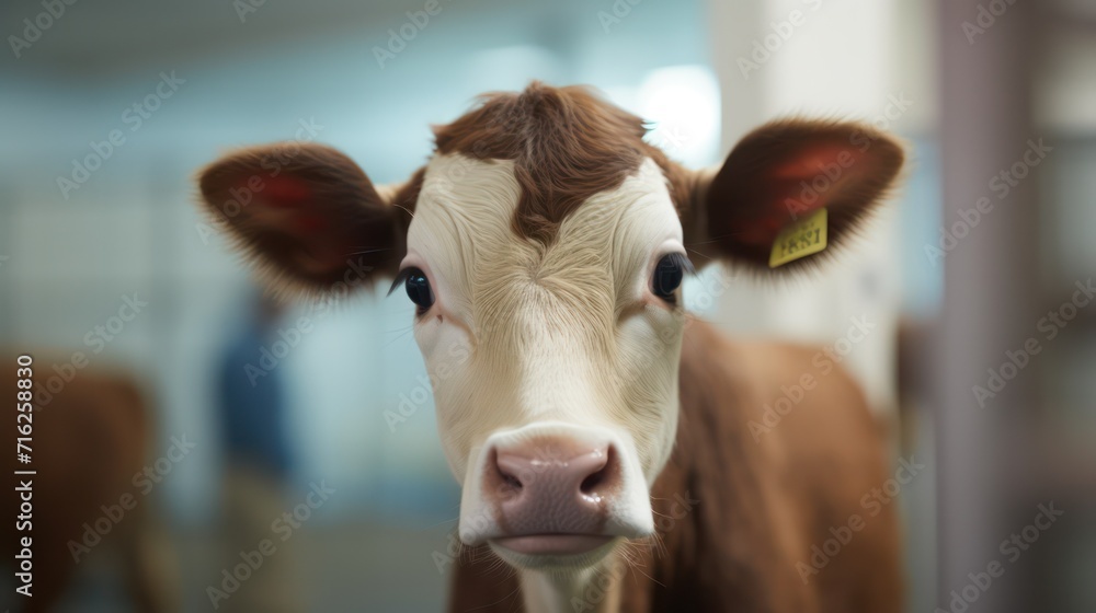 Sad cow in a veterinary clinic.