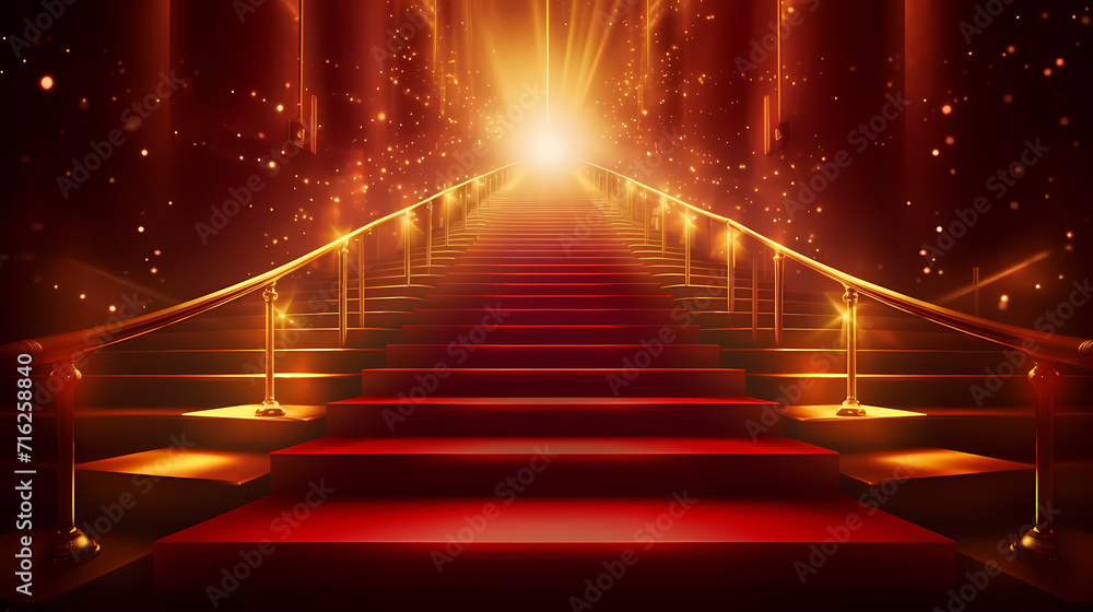Red carpet on the stairs on dark background, the way to glory, victory and success Red carpet on the stairs on dark background, the way to glory, victory and success