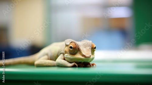 Sad chameleon in a veterinary clinic.