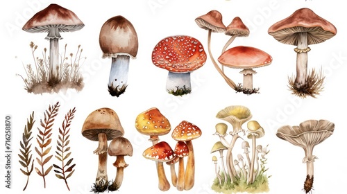 Watercolor illustration featuring various varieties of mushrooms.