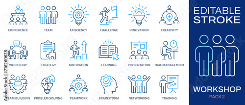 Workshop icon set. Collection of training, meeting, seminar, team building and more. Vector illustration isolated on white. Editable stroke.