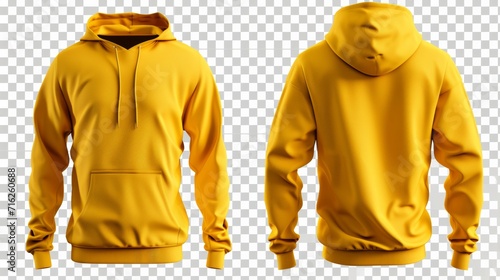 Set of yellow front and back view tee hoodie hoody sweatshirt on transparent background cutout, PNG file. Mockup template for artwork graphic design