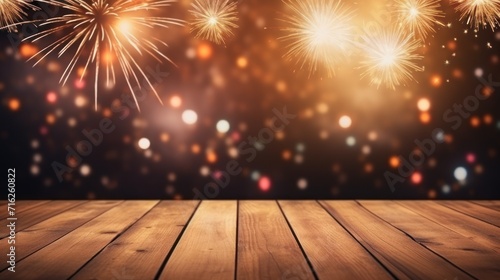 Wood floor empty with bokeh lights on fireworks background, Advertisement, Print media, Illustration, Banner, for website, copy space, for word, template, presentation