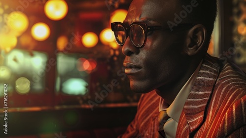 Stylish man in a fashion suit, lit by colorful neon lights in a jazz bar