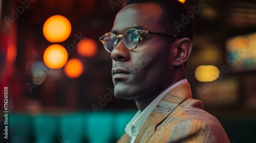 Stylish man in a fashion suit, lit by colorful neon lights in a jazz bar